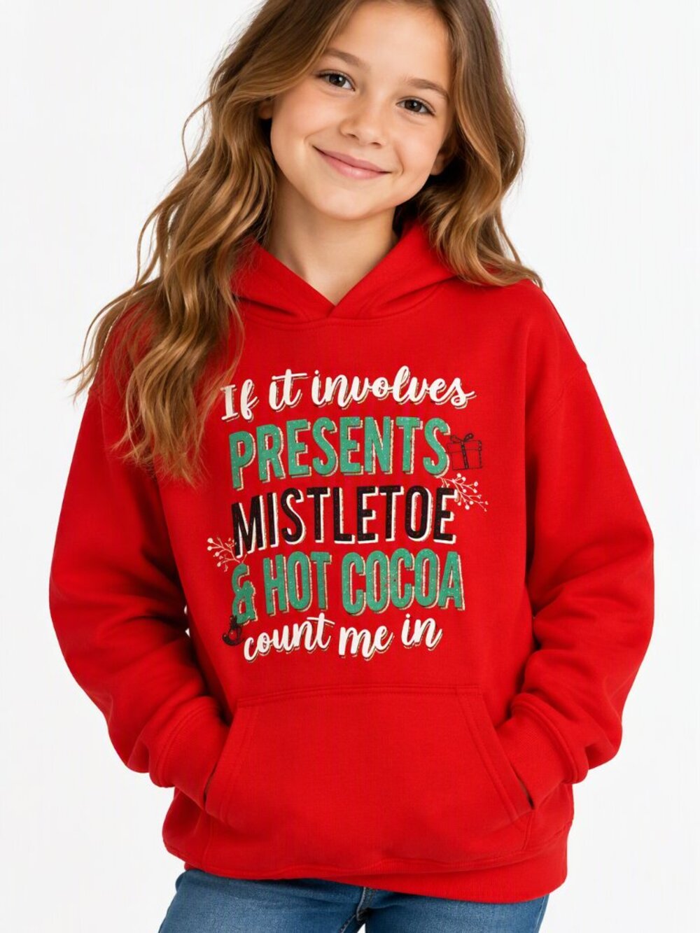 Beautees Girls Pullover Hoodie Graphic Red Long Sleeve Elastic Hem Medium
